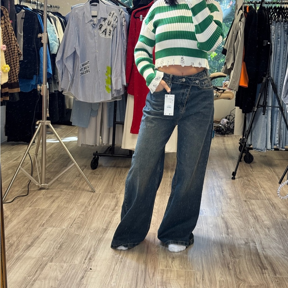 Green and White Striped Cropped Sweater